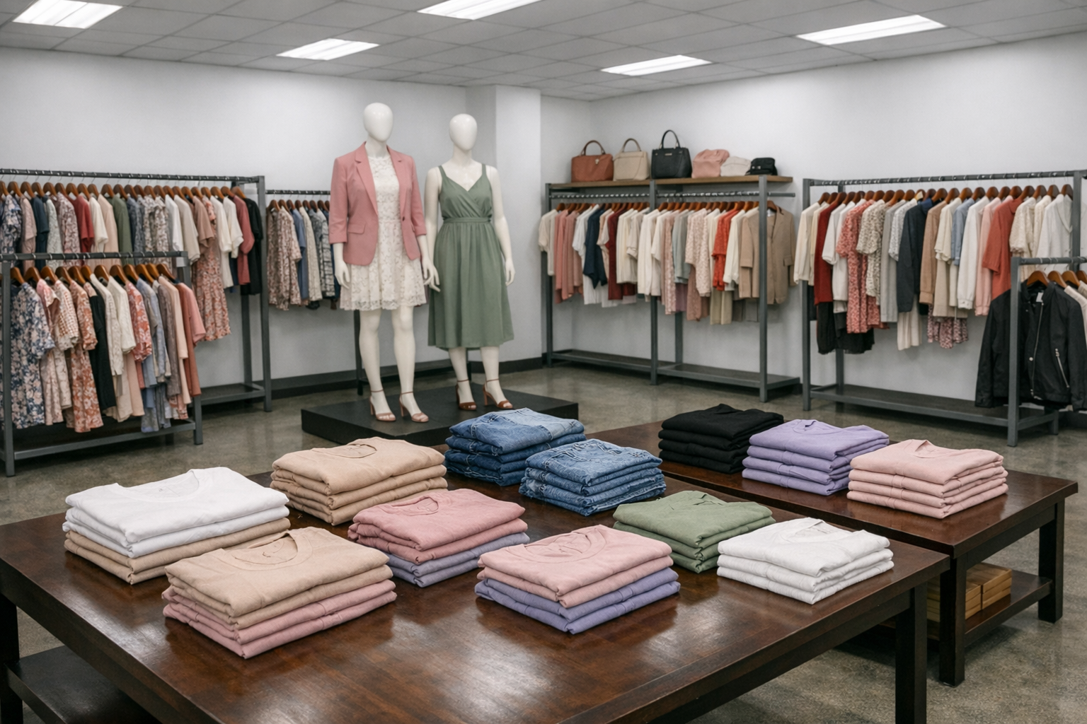 Clothing store display with mannequins, racks of clothing, and neatly folded shirts on a table.