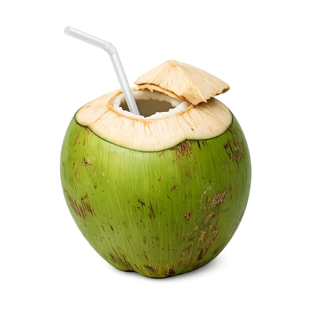 Fresh green coconut with a straw and a partially opened top.