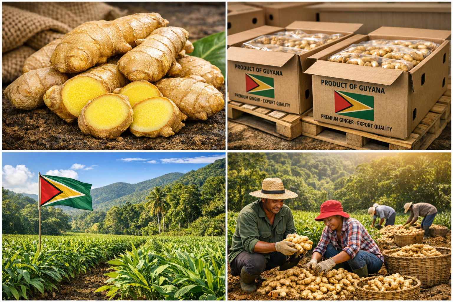 Top left: Fresh ginger root with slices showing yellow interior. Top right: Cardboard boxes labeled "Product of Guyana" filled with ginger, on wooden pallets. Bottom left: Lush green ginger farm with Guyana flag waving, surrounded by mountains. Bottom right: Farmers harvesting ginger in a field, collecting roots in baskets, with sunlight filtering through trees.