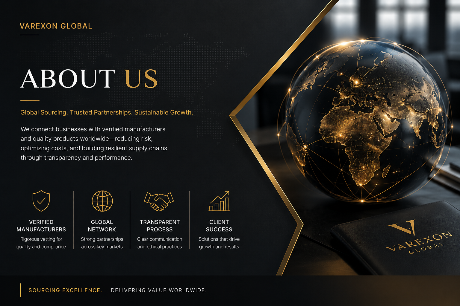 Varexon Global about us webpage with a dark background, gold accents, a digital globe, and icons representing verified manufacturers, global network, transparent process, and client success.