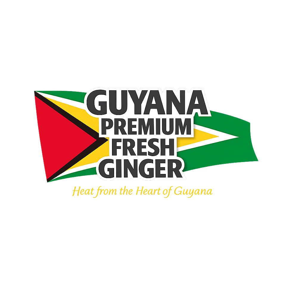 A colorful label with the Guyana flag and text promoting premium fresh ginger, including the slogan 'Heat from the Heart of Guyana'.