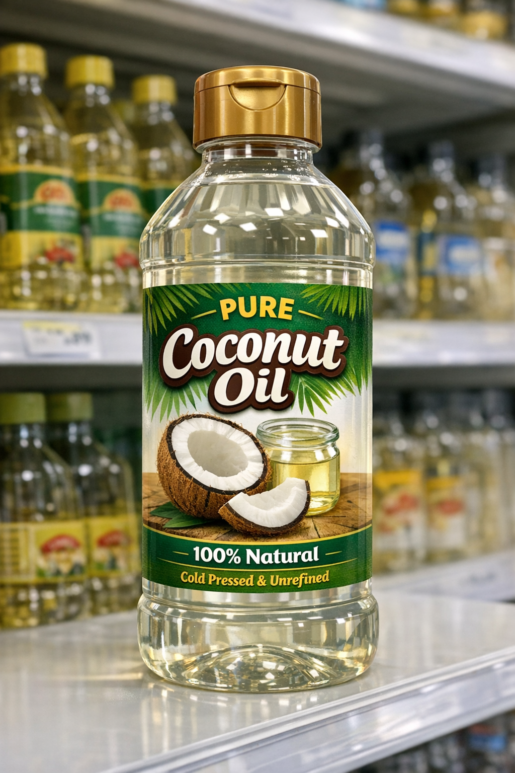 A bottle of pure coconut oil on store shelf, labeled as 100% natural, cold pressed, and unrefined, with a picture of a coconut and a small jar of oil.