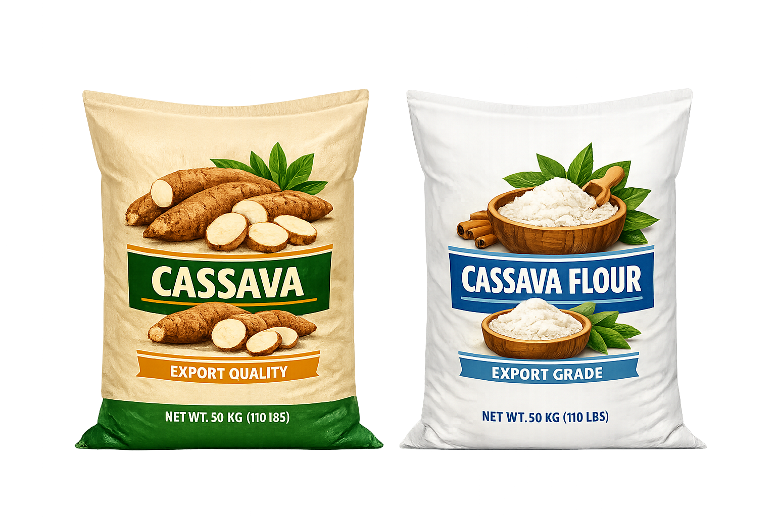 Two bags of cassava products, one labeled 'Cassava' with images of fresh cassava roots, and the other labeled 'Cassava Flour' with images of flour in bowls, both weighing 50 kilograms.