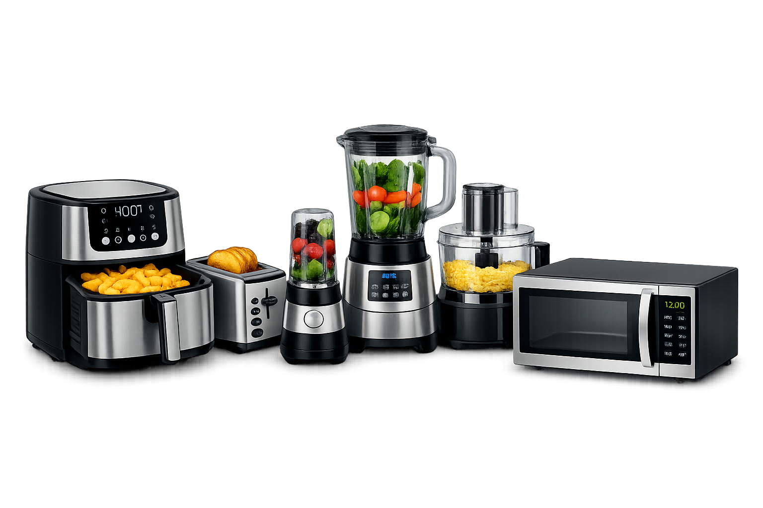 A collection of kitchen appliances including an air fryer, a small bread toaster with bread, a blender with vegetables, a food processor with chopped vegetables, and a microwave oven, all set on a black surface.