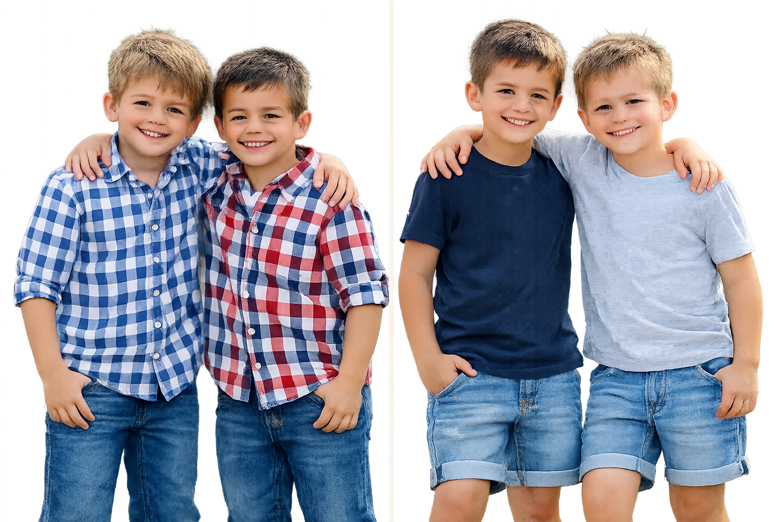 Four young boys standing outdoors with arms around each other's shoulders, smiling at the camera. They are wearing casual t-shirts, shorts, and jeans.