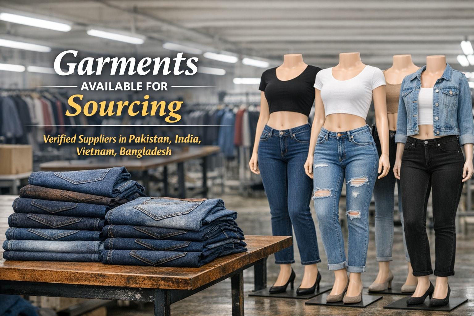 Display of mannequins wearing casual jeans and crop tops, with a stack of folded denim jeans on a wooden table in front, inside a clothing store.