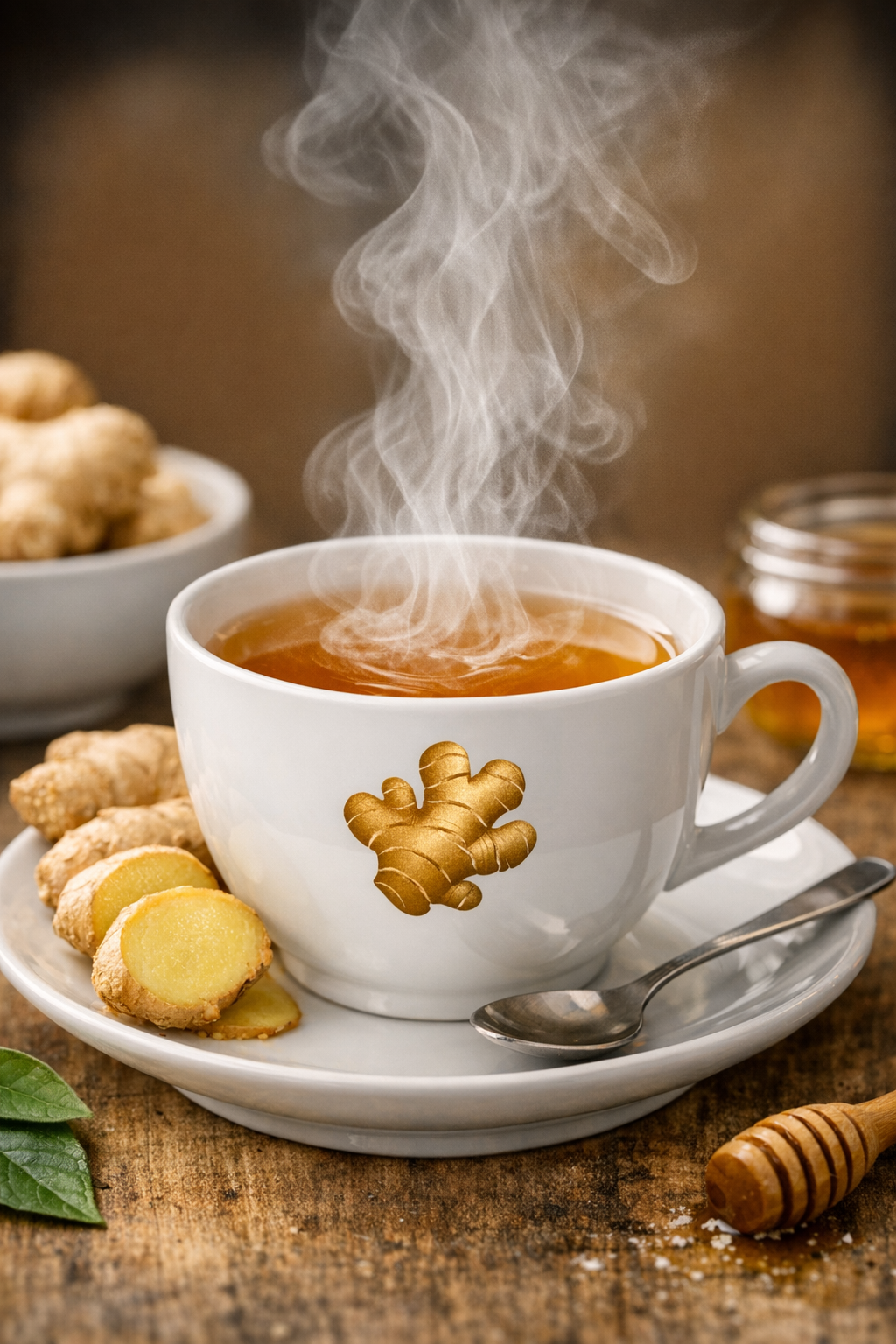 A white cup with a ginger root illustration contains hot tea, with steam rising. The cup is on a saucer with a spoon, and ginger cookies are beside it. In the background, there are more cookies and a jar of honey on a wooden surface.