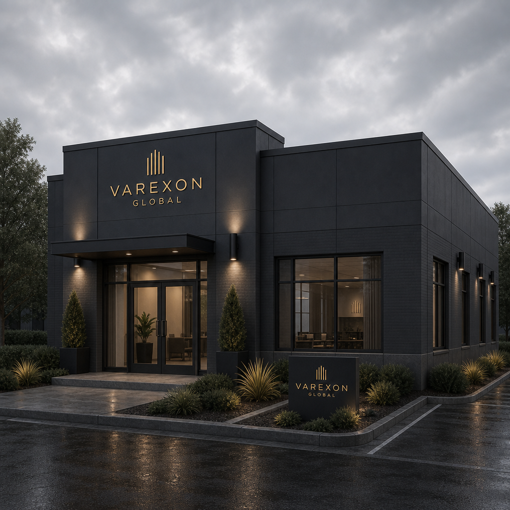 A modern, dark gray commercial building labeled VAREXON GLOBAL, illuminated with exterior lighting, surrounded by landscaping and parking lot on a cloudy day.