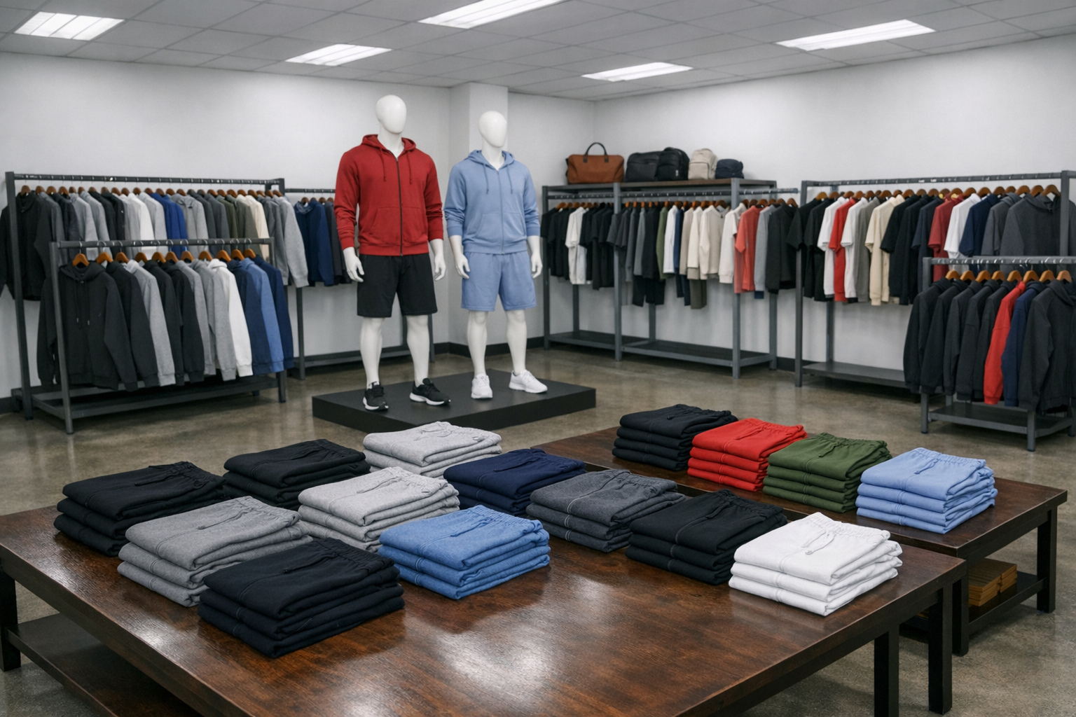 A clothing store displays neatly folded and hanging casual wear, including hoodies, shorts, and sweatpants in various colors, with mannequins dressed in hoodies and shorts.