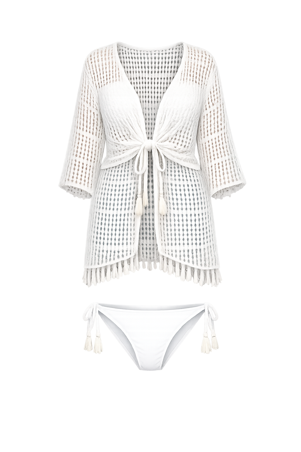 White crochet cover-up with tie-front design and tassel details, paired with matching white bikini bottoms with tassel ties.