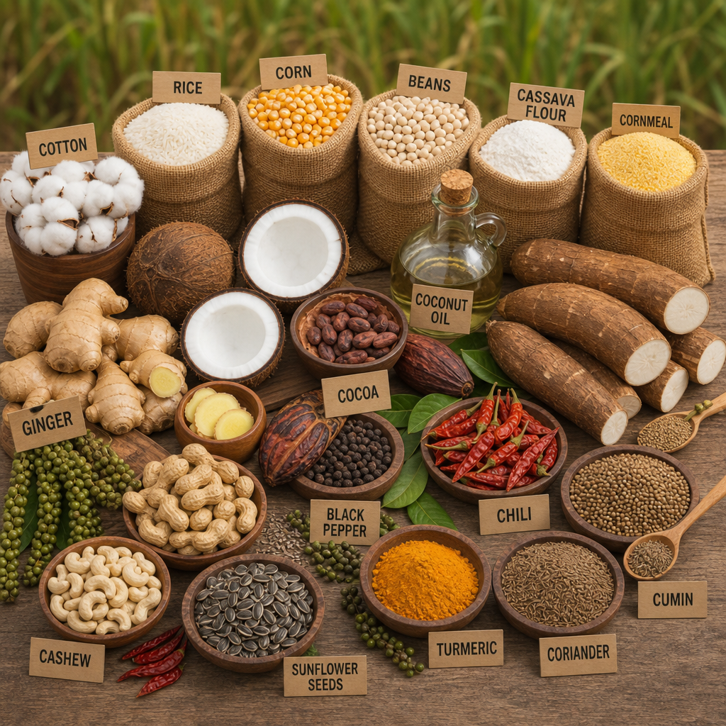 Assorted spices, grains, and seeds arranged on a wooden surface with labels, including rice, corn, beans, cassava flour, cornmeal, coconut oil, ginger, cocoa, black pepper, chili, turmeric, coriander, cumin, sunflower seeds, cashew, cotton, and dried chili peppers.
