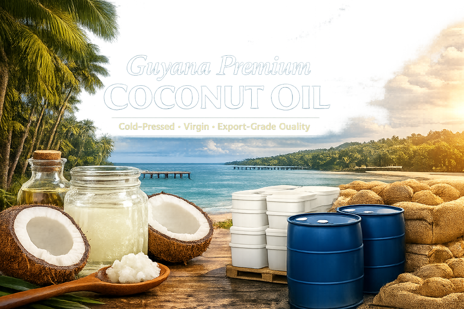 Packaging of Guyana Premium Coconut Oil with jars of coconut oil, coconut halves, and barrels of oil in a tropical setting.