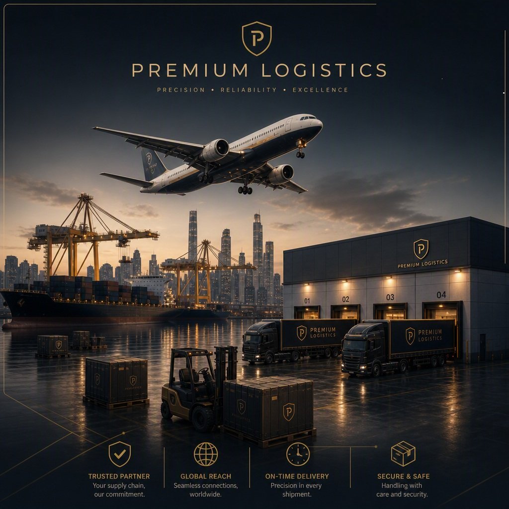 A cargo plane with the logo of Premium Logistics flying above a port with container cranes, cargo containers, trucks, and a warehouse, all set against a city skyline at sunset.