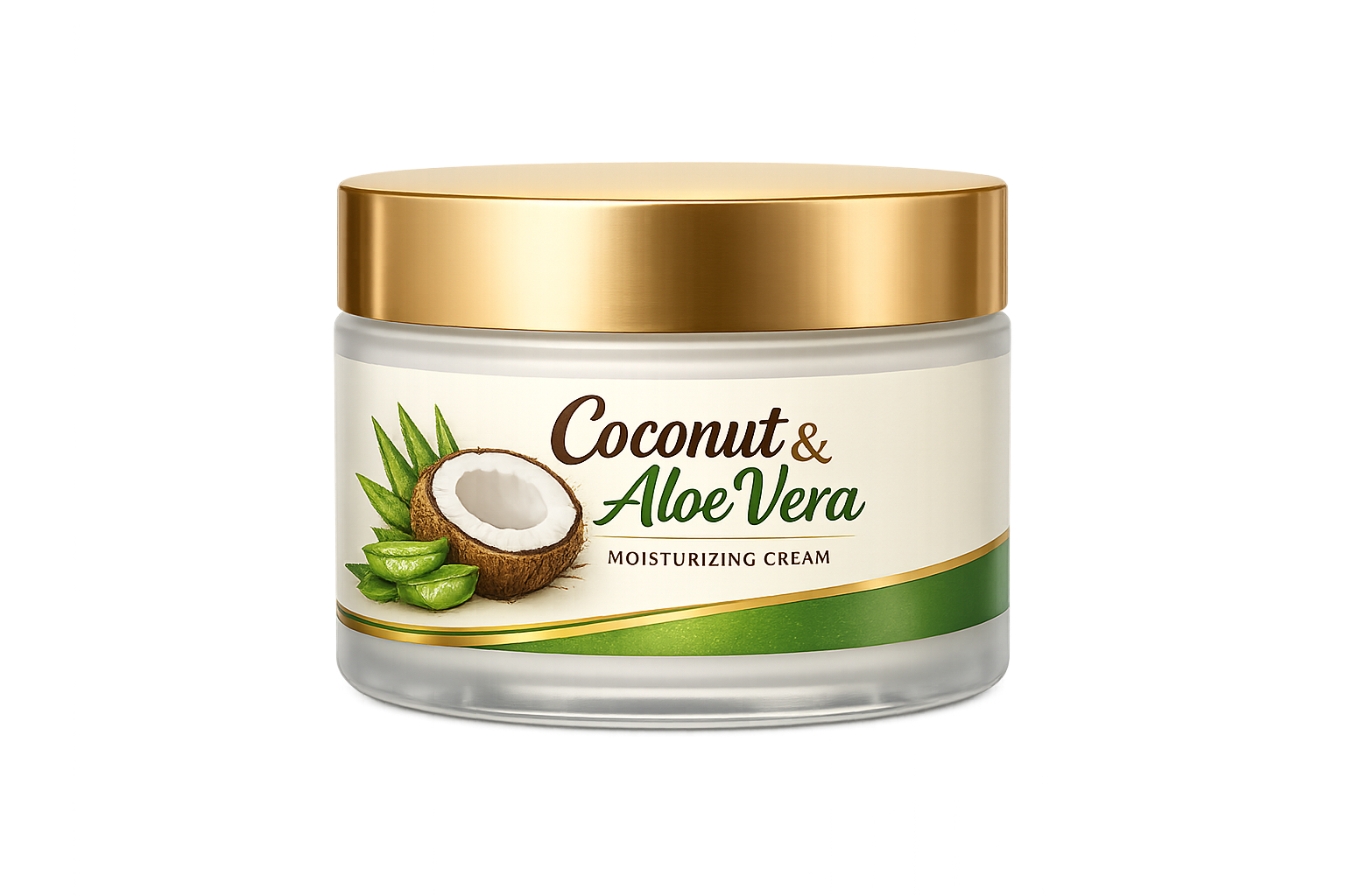 A jar of moisturizing cream with coconut and aloe vera ingredients on a neutral background.