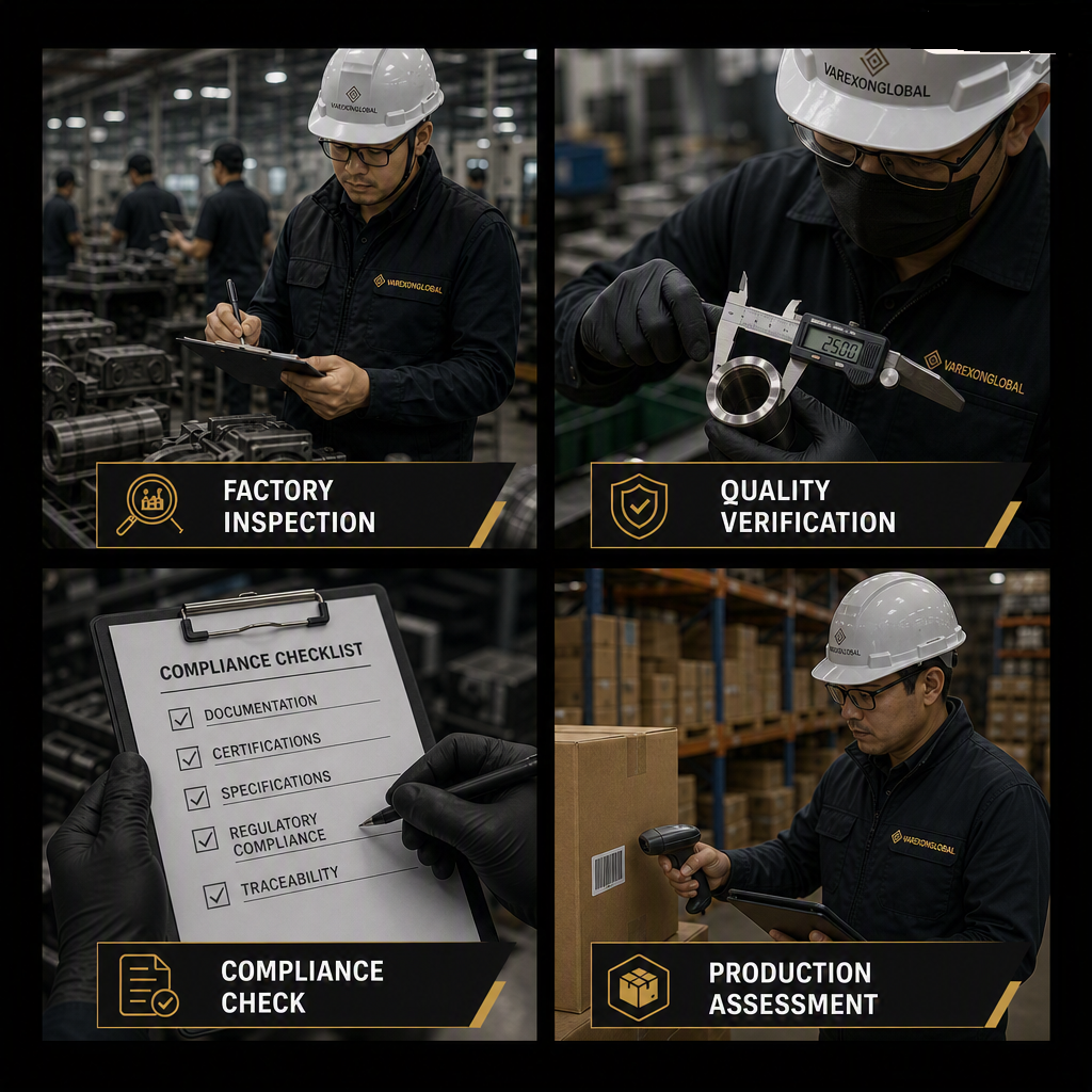 A collage of four images showing factory inspection, quality verification, compliance check, and production assessment. Each image depicts workers or inspectors in a manufacturing environment performing tasks related to quality and compliance.