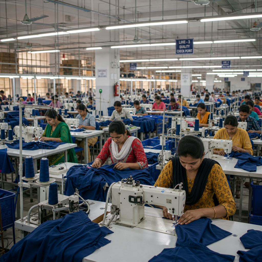 Workers in a large garment factory sewing blue fabric pieces on industrial sewing machines in a well-lit, organized workspace.