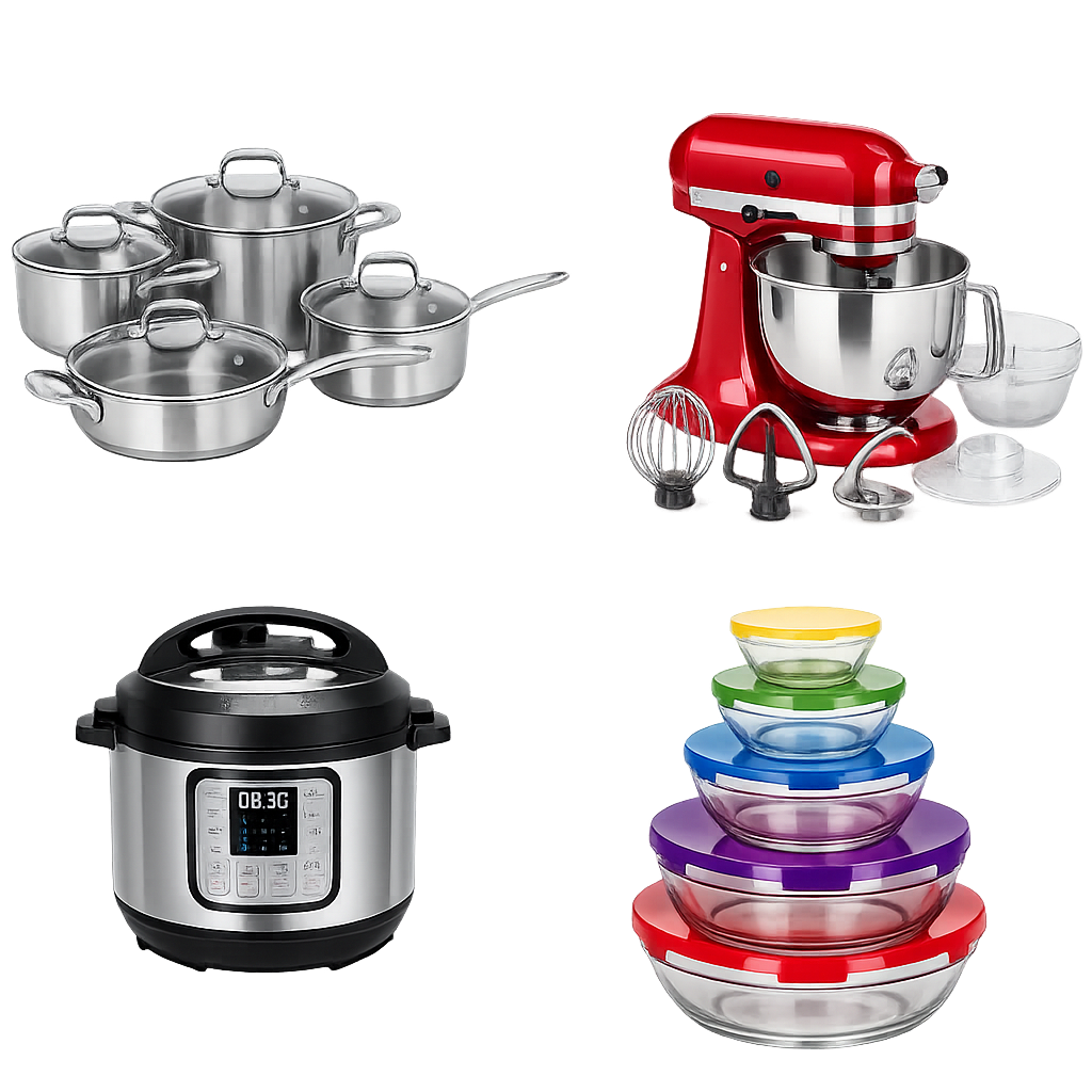 A kitchen countertop with stainless steel cookware, a red stand mixer with beaters, a black and silver electric pressure cooker, and a set of colorful glass mixing bowls.