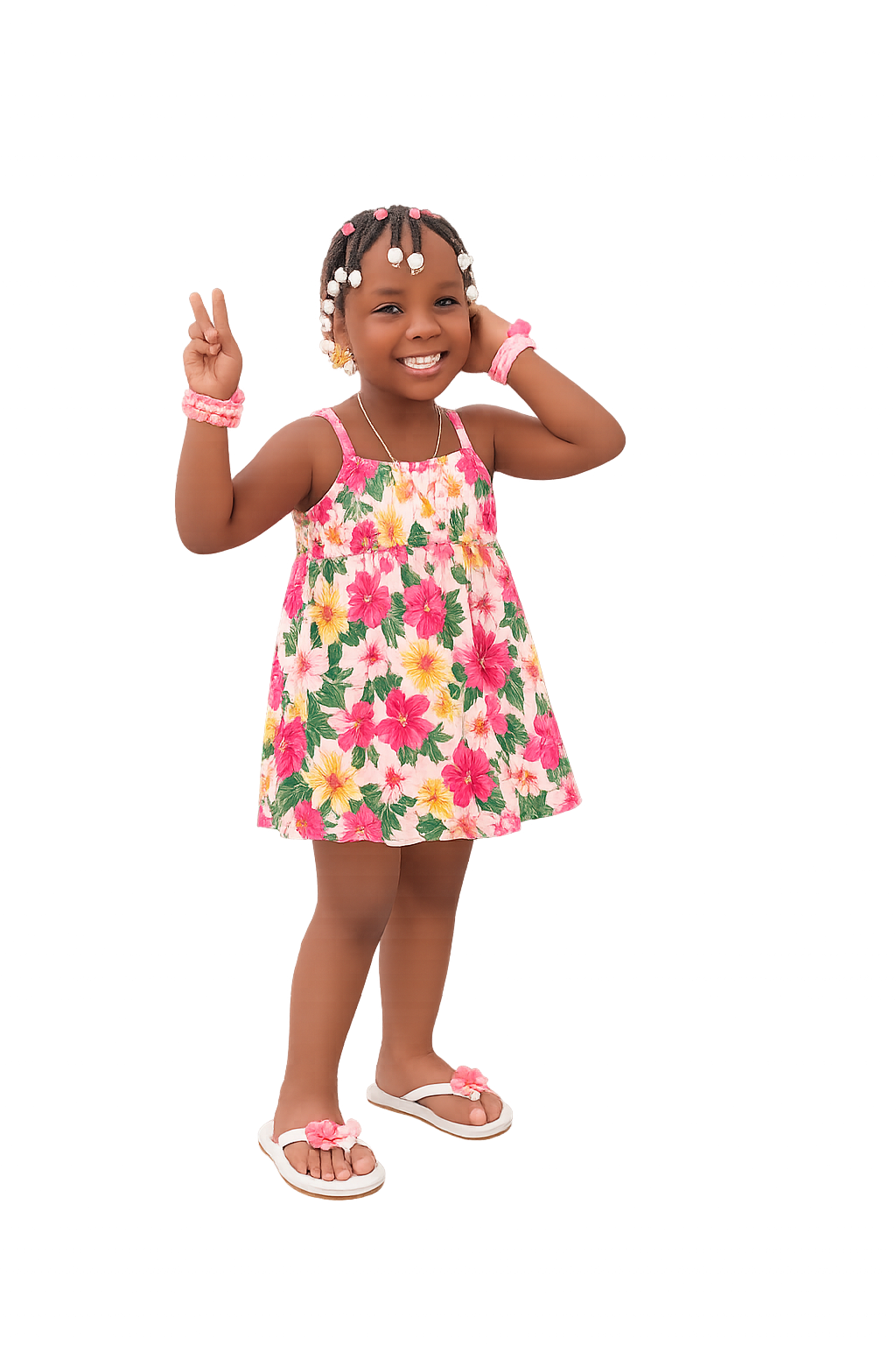 A cheerful young girl with braids decorated with pink and white beads, smiling and making a peace sign with her right hand, wearing a colorful floral dress and white sandals with pink flowers, posing against a dark, abstract background.
