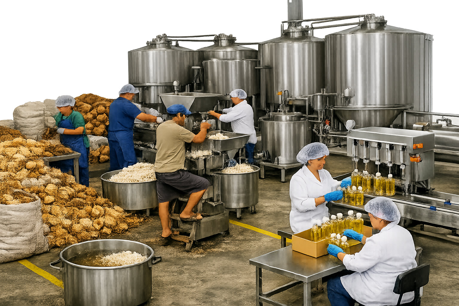 Workers in a food processing plant packaging bottles of oil, with large sacks of onions in the background.