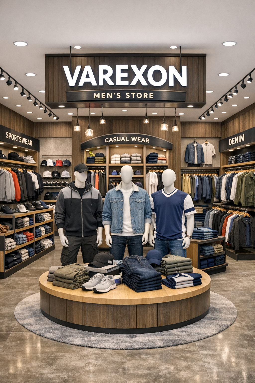 Inside a men's clothing store with mannequins dressed in casual wear and shelves filled with folded clothes and hats.