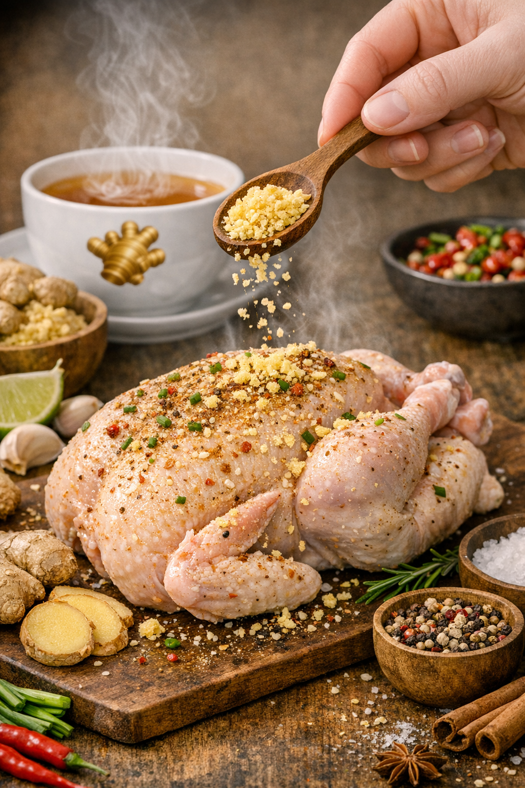 Raw whole chicken on a wooden cutting board being seasoned with crushed garlic and spices, surrounded by fresh ingredients like ginger, lime, garlic, red chili peppers, and cinnamon sticks, with bowls of peppercorns, salt, and chopped vegetables, and a cup of hot tea in the background.