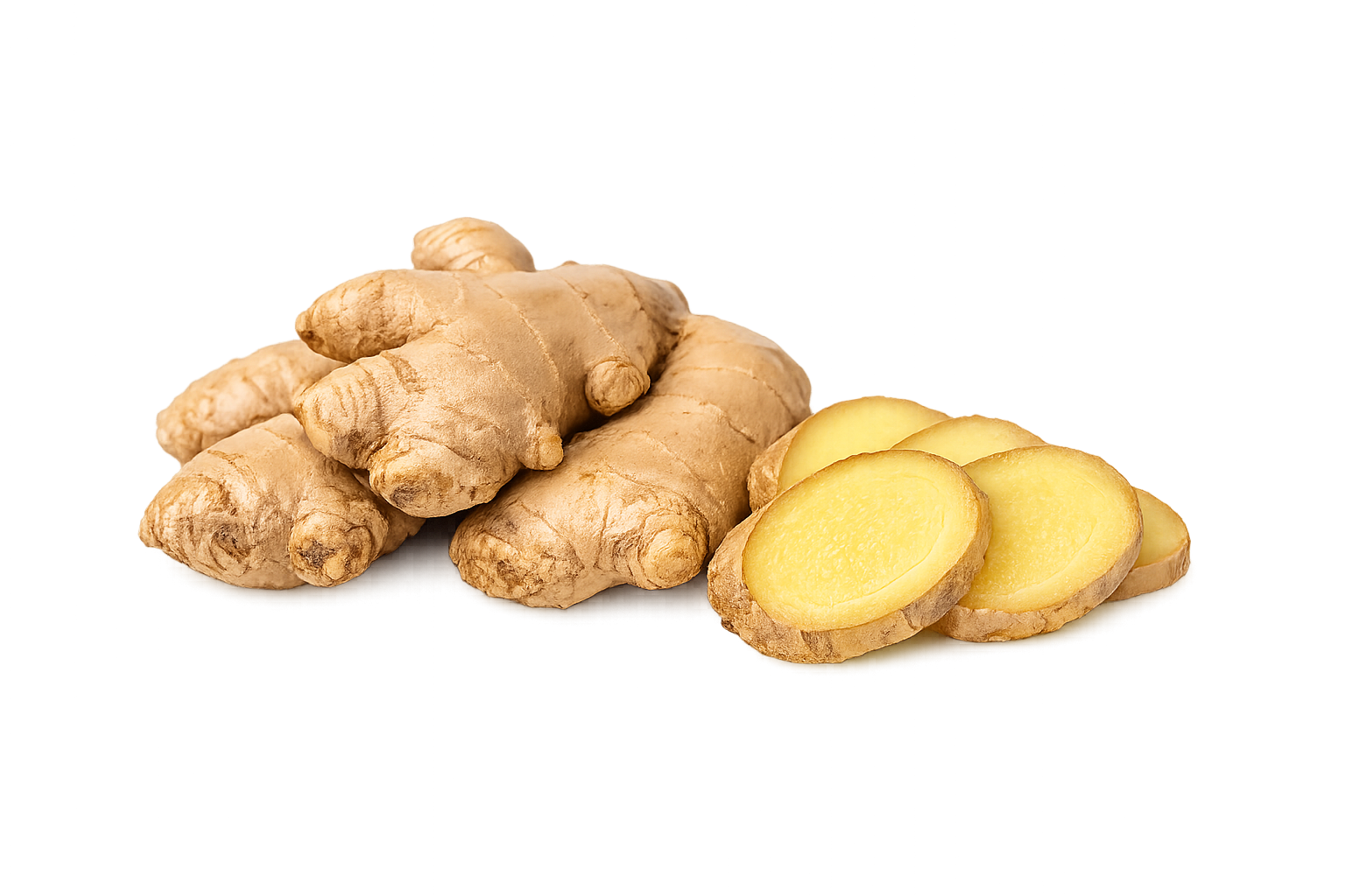Fresh ginger root with sliced ginger pieces on a reflective surface.