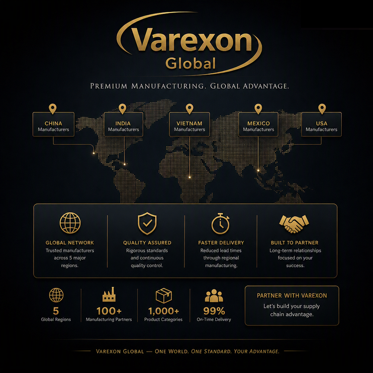 Varexon Global logo at the top with a world map showing manufacturing locations in China, India, Vietnam, Mexico, and the USA. Below are icons and text highlighting the company's global network, quality assurance, fast delivery, and partnership focus. Details include presence in 5 regions, over 100 manufacturing partners, 1,000+ product categories, and 99% on-time delivery.