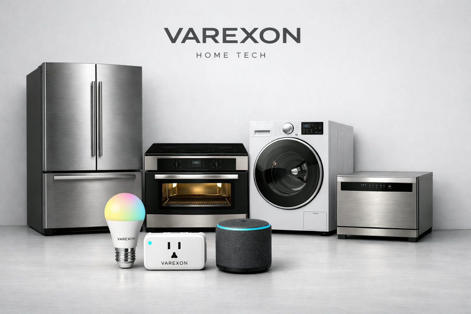 A collection of modern home appliances including a stainless steel refrigerator, stove, washing machine, dishwasher, smart speaker, smart plug, and a smart light bulb, arranged against a plain wall with the text 'VAREXON HOME TECH' above.