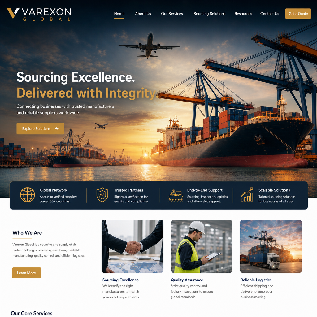 A Premium Logistics cargo plane flying above a busy port with container cranes, trucks, and warehouses at sunset, representing Varexon Global’s international logistics network, verified suppliers, and end‑to‑end global sourcing operations.