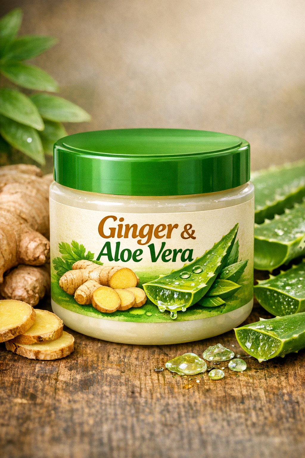 A jar labeled 'Ginger & Aloe Vera' on a wooden surface, surrounded by ginger root and aloe leaves with water droplets.