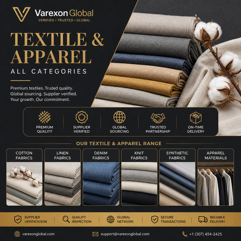 Advertisement for Varexion Global showcasing textile and apparel products, including cotton, linen, denim, knit, and synthetic fabrics, with a display of folded fabric swatches and cotton cotton bolls.