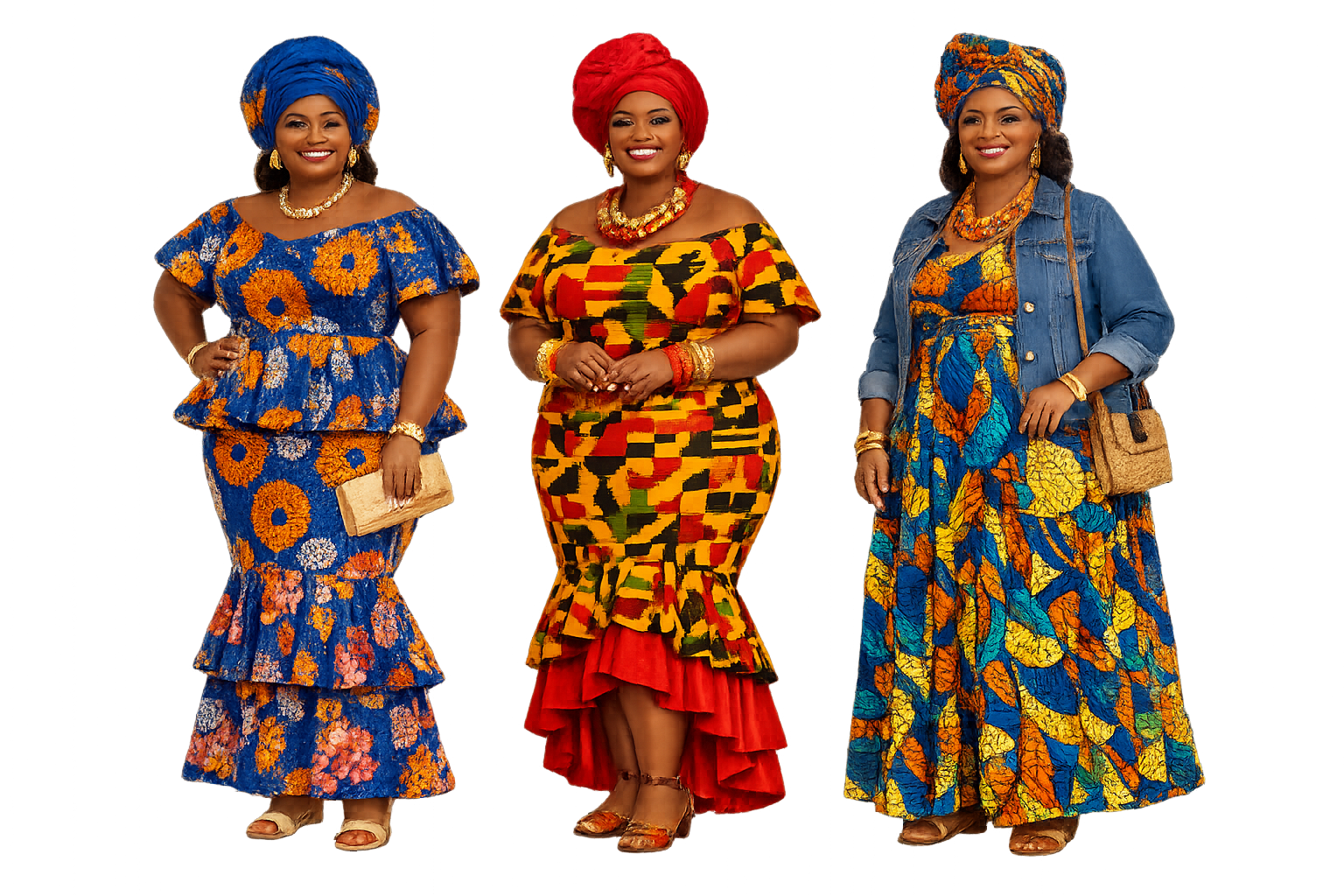 Three women dressed in colorful, traditional African outfits, standing side by side, smiling, with headwraps matching their dresses.