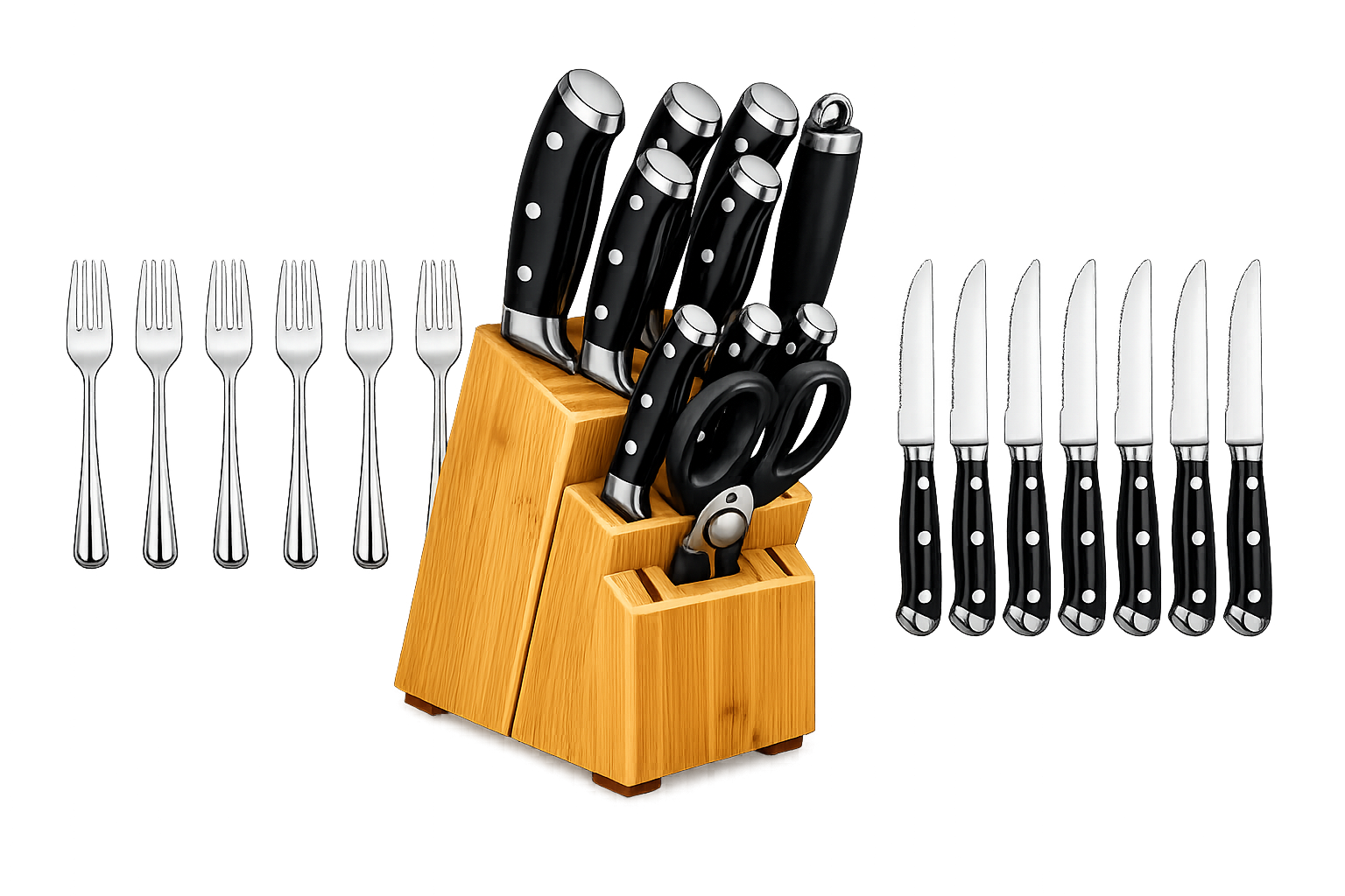 Set of kitchen knives, scissors, and forks displayed on a wooden knife block, with additional forks on the left side.