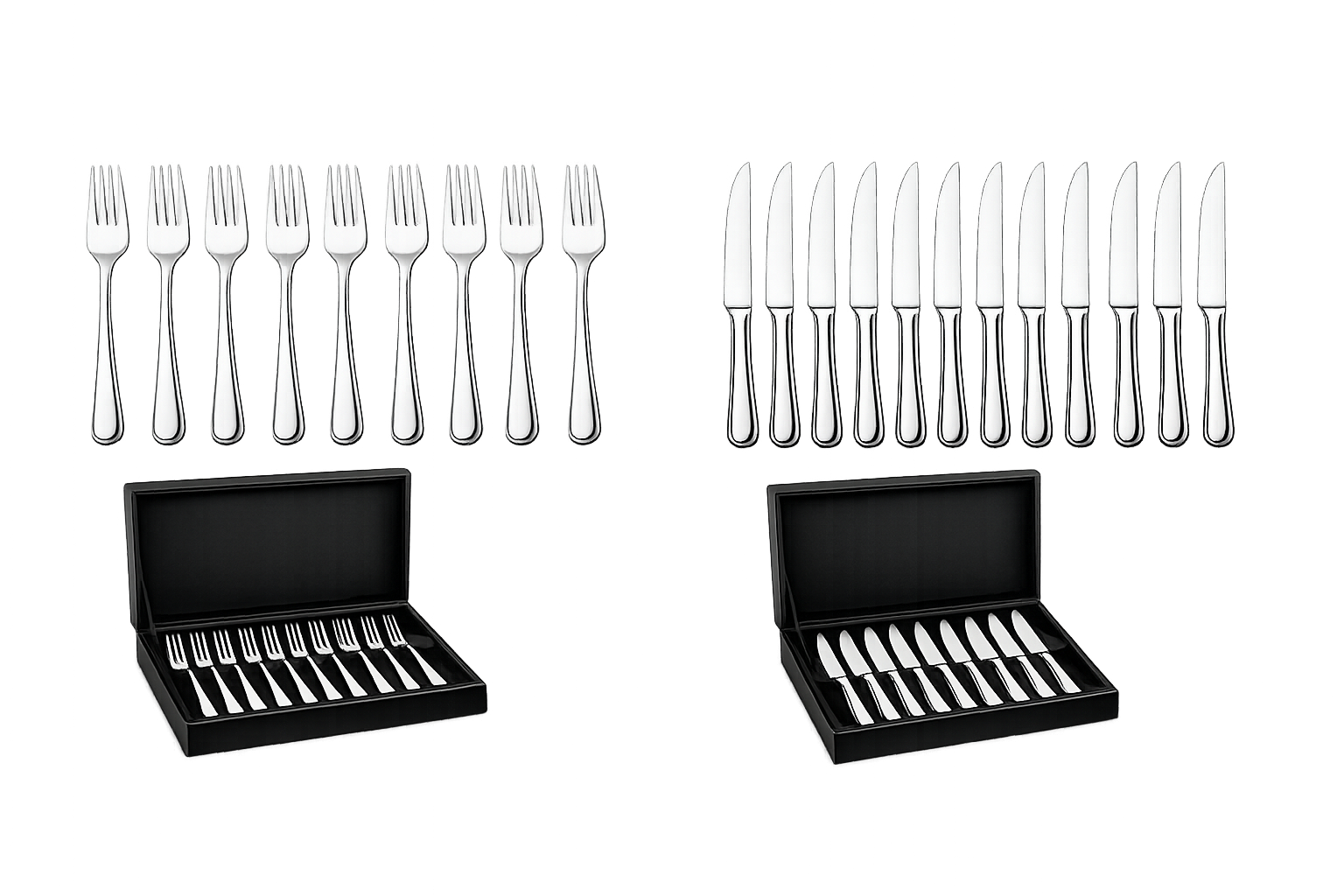 Set of silver forks and knives displayed in two black cases with open lids, with additional forks and knives arranged vertically in the background.