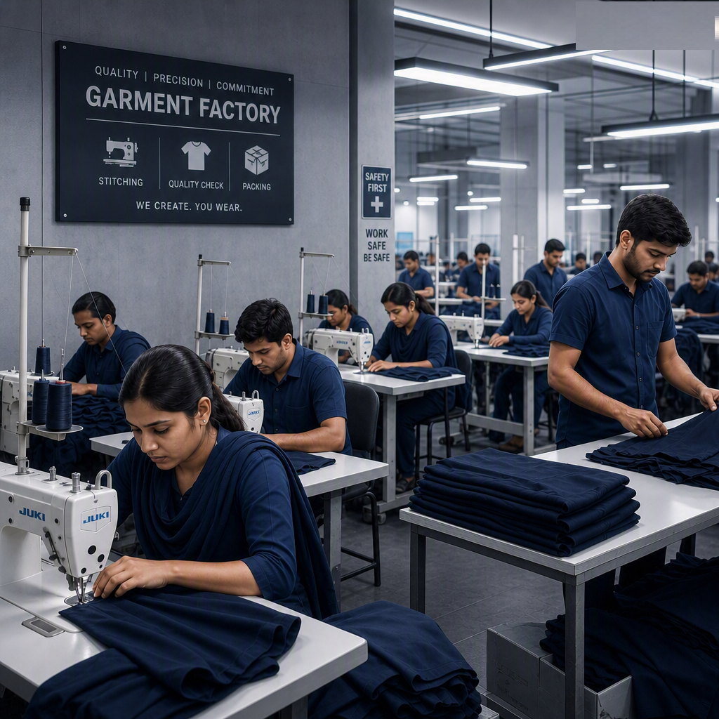 Workers sewing navy blue fabric at garment factory with stacks of fabric on tables and a sign indicating quality, precision, commitment, and manufacturing steps.
