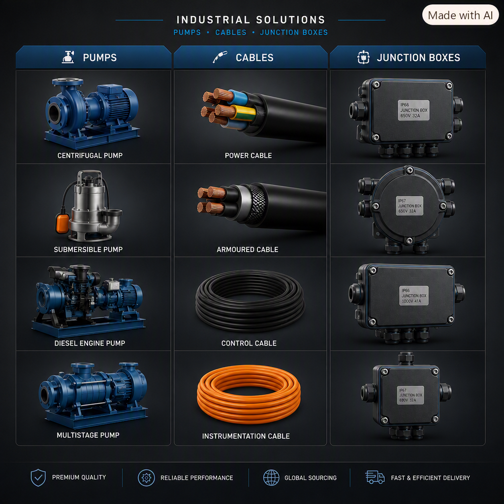 A chart showing industrial solutions including pumps, cables, and junction boxes. Types of pumps include centrifugal, submersible, diesel engine, and multistage. Types of cables include power, armored, control, and instrumentation. Types of junction boxes include IP66, IP67, and IP68 rated boxes.
