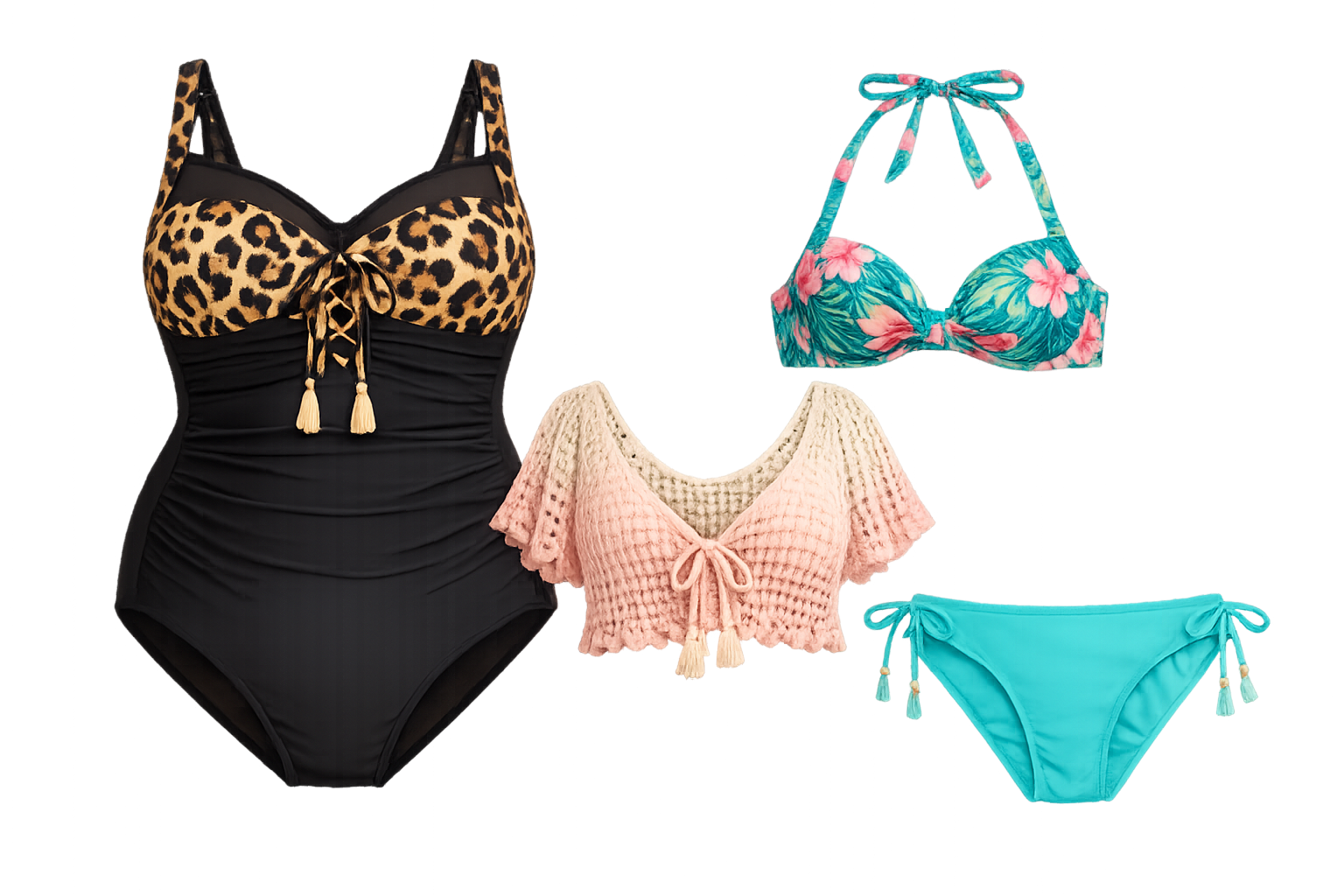 Collection of four swimsuits with various patterns and colors, including a black and leopard print one-piece, a pink and beige crochet bikini top, a blue tropical print bikini top, and a bright turquoise bikini bottom.