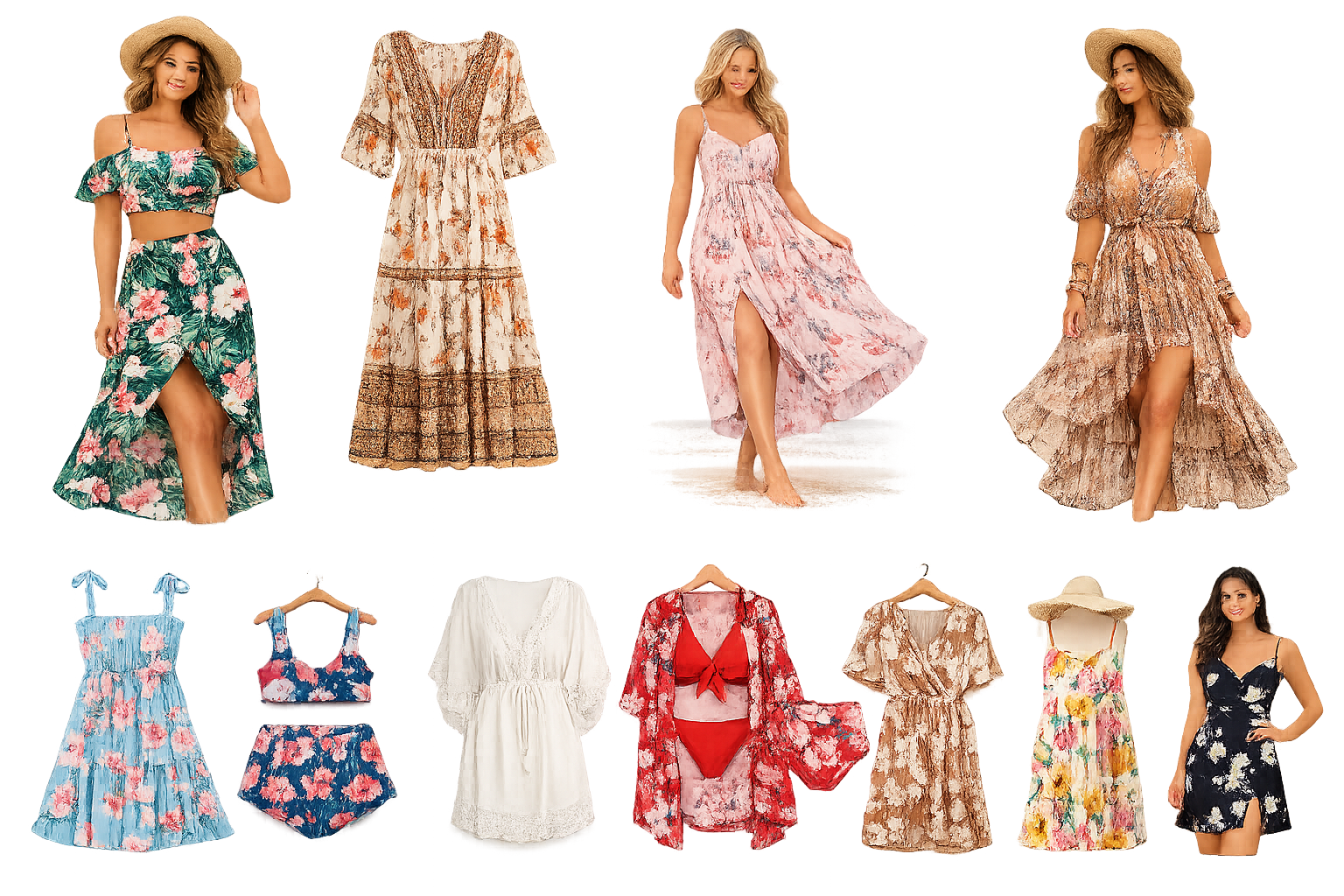 A collection of women wearing floral summer dresses and swimsuits, with some models posing and smiling.