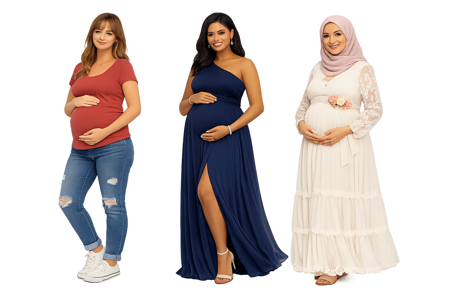 Three pregnant women standing side by side, each wearing different outfits. The woman on the left is dressed casually in a red T-shirt, ripped jeans, and sneakers. The woman in the middle is dressed elegantly in a navy blue one-shoulder gown with a high slit, accessorized with earrings and heels. The woman on the right is wearing a white lace dress with a floral belt and a pink hijab.