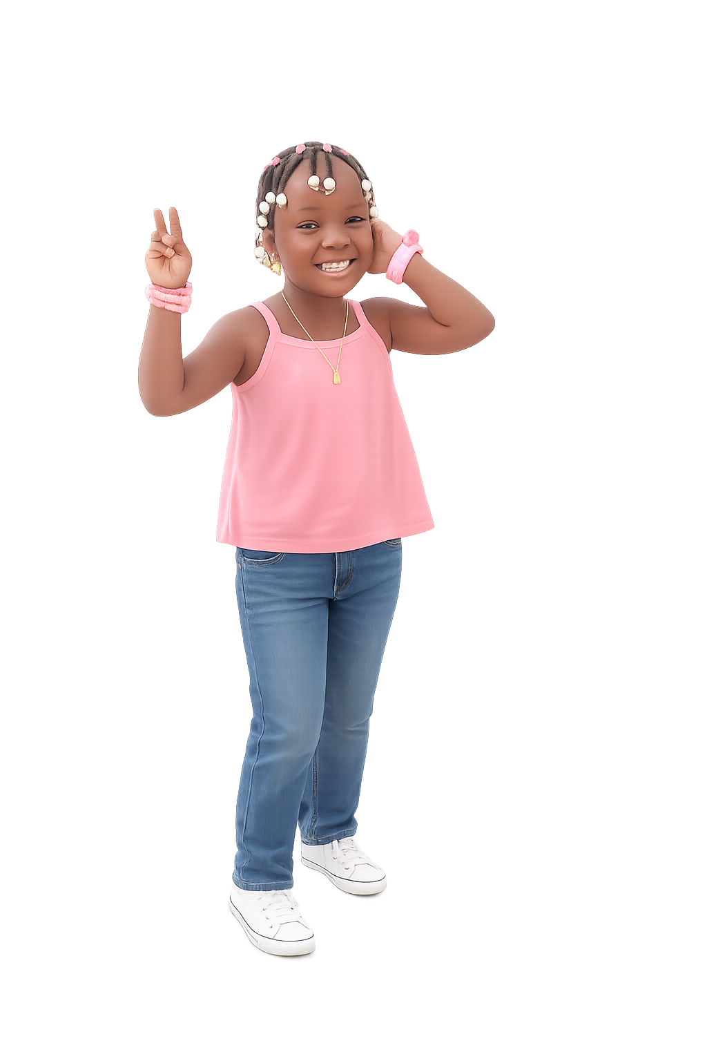 A young girl smiling, wearing a pink sleeveless top, blue jeans, and white sneakers, making a peace sign with her right hand and touching her head with her left hand, standing against a digitally distorted background.