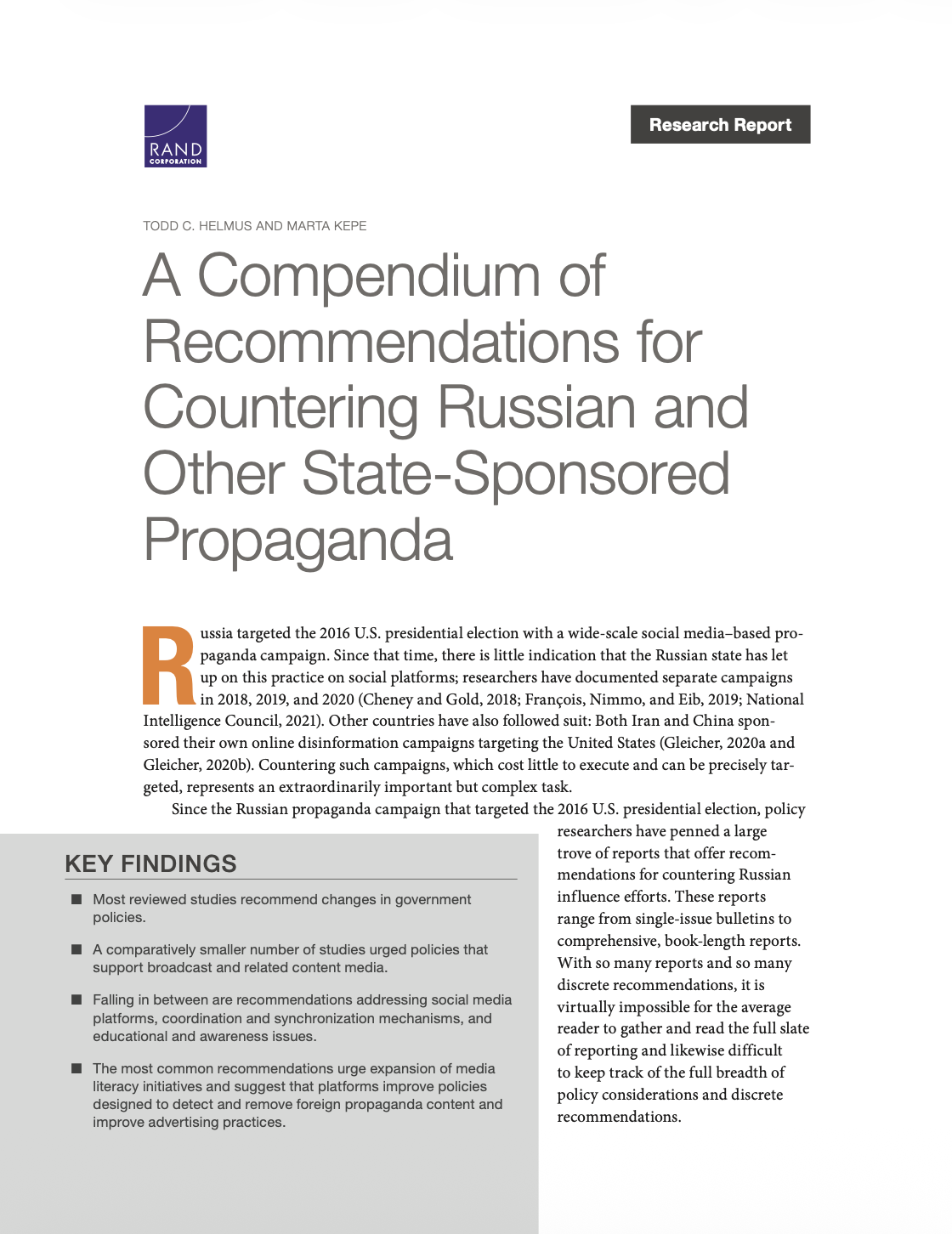 A Compendium of Recommendations for Countering Russian and Other State-Sponsored Propaganda