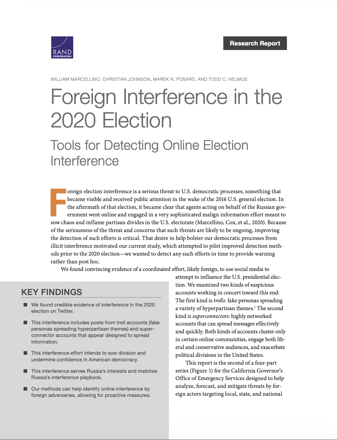 Foreign Interference in the 2020 Election: Tools for Detecting Online Election Interference