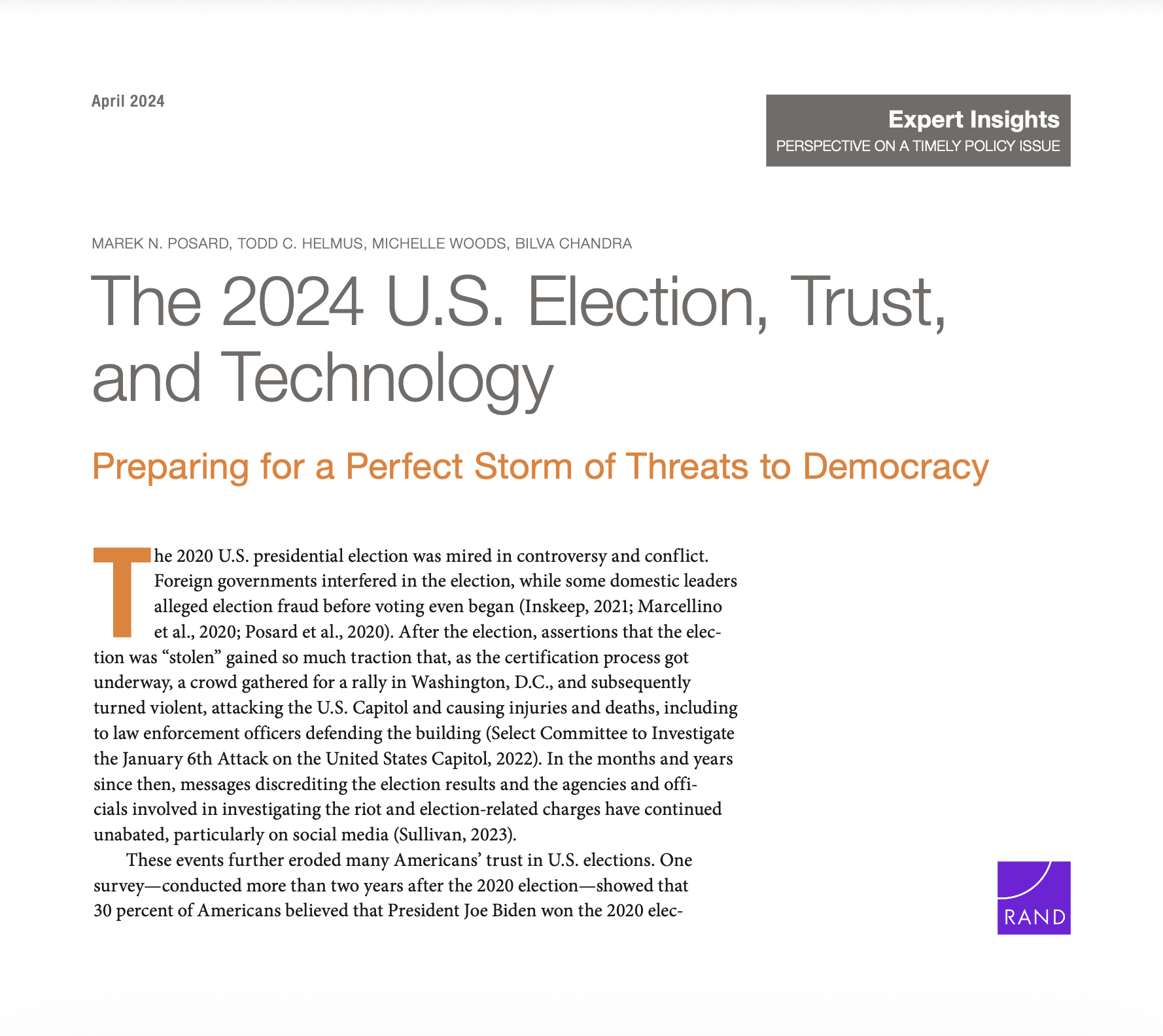 The 2024 U.S. Election, Trust, and Technology: Preparing for a Perfect Storm of Threats to Democracy