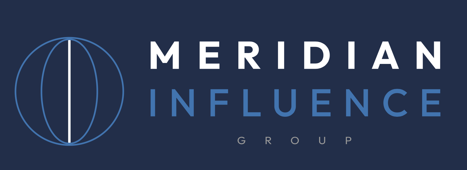 Meridian Influence Group logo with a globe icon on a dark blue background.
