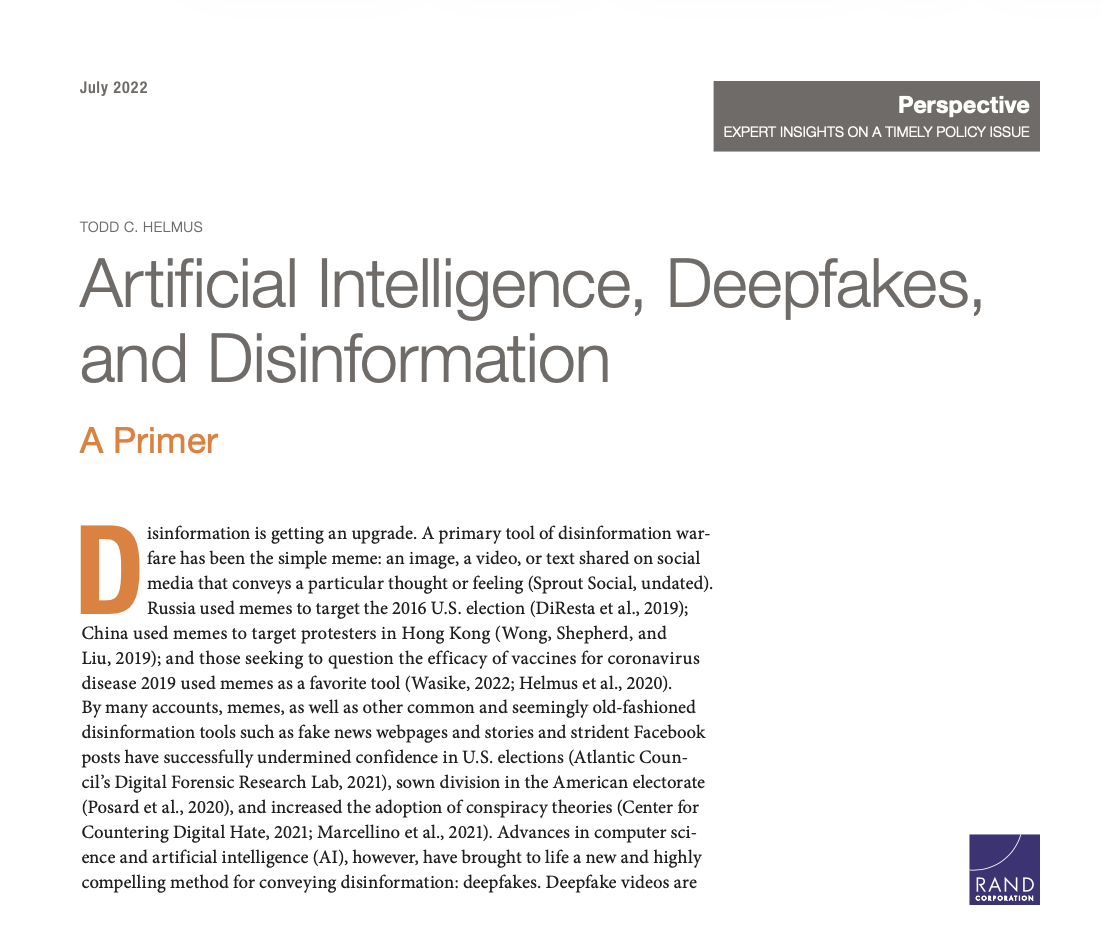 Cover page of a publication titled "Artificial Intelligence, Deepfakes, and Disinformation" by Todd C. Helmus, published in July 2022, with a section labeled "Perspective" and logos of RAND Corporation.