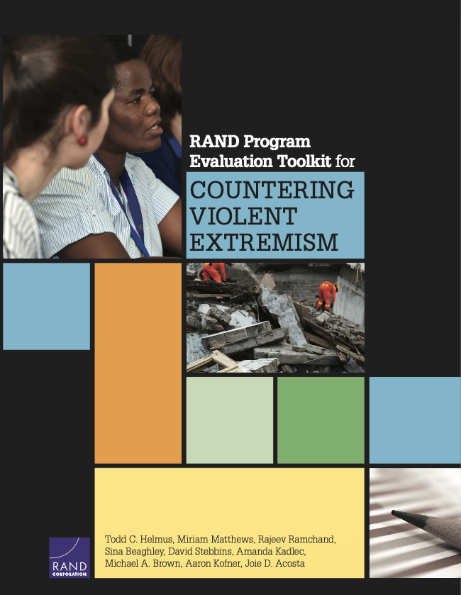 Cover of a report titled 'RAND Program Evaluation Toolkit for Countering Violent Extremism' featuring images of a group of diverse individuals and rescue workers at a disaster site.