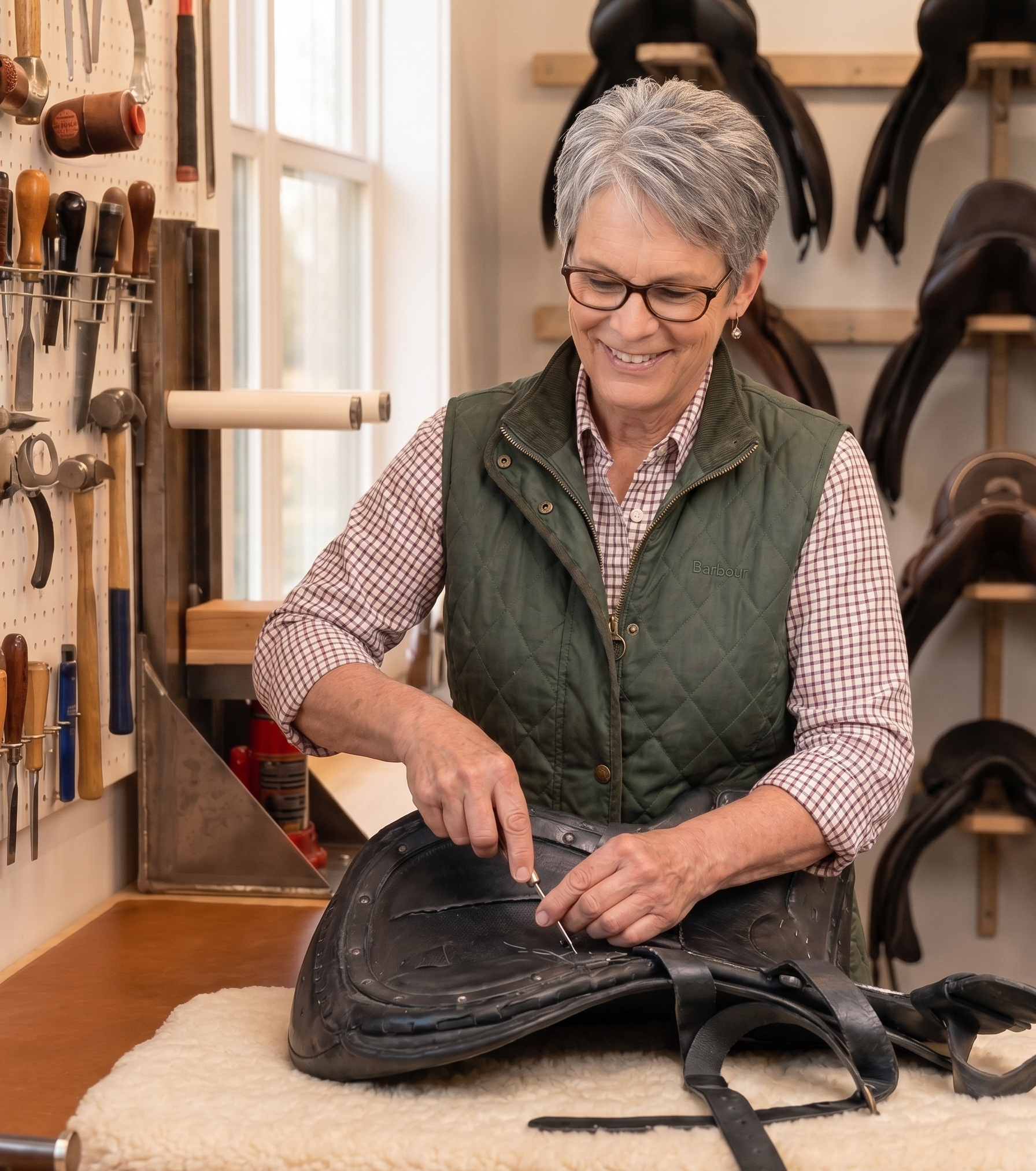 Kyrena Parkinson hand-flocking a saddle with premium kapok fiber - Sociert of Master Saddlers UK - QSF