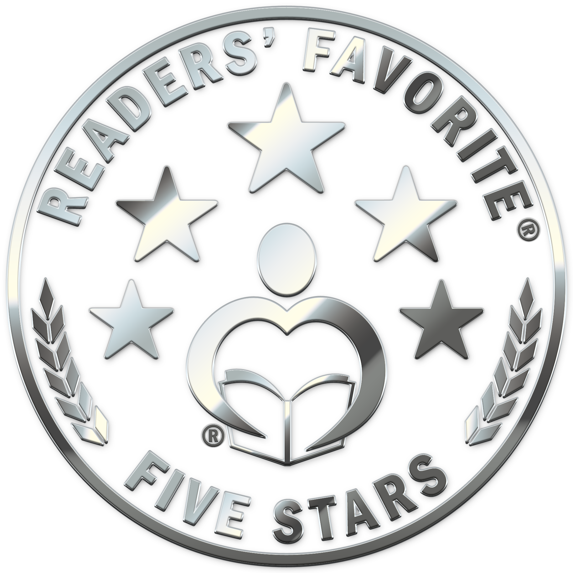 A metallic coin design with the text 'Readers' Favorite Five Stars' around the edge, featuring five stars and a stylized figure holding a heart in the center.