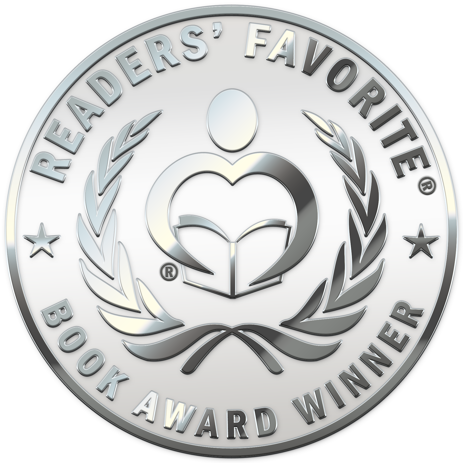 A silver medal with the inscription 'Readers' Favorite Book Award Winner' surrounded by a laurel wreath and stars, featuring an abstract figure at the center.