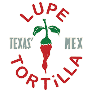 Logo for 'Lupe Torta Tilla' featuring a chili pepper with a green top and red bottom, surrounded by red and gray text saying 'LUPA,' 'TEXAS,' 'MEX,' and 'TOR TILLA'.